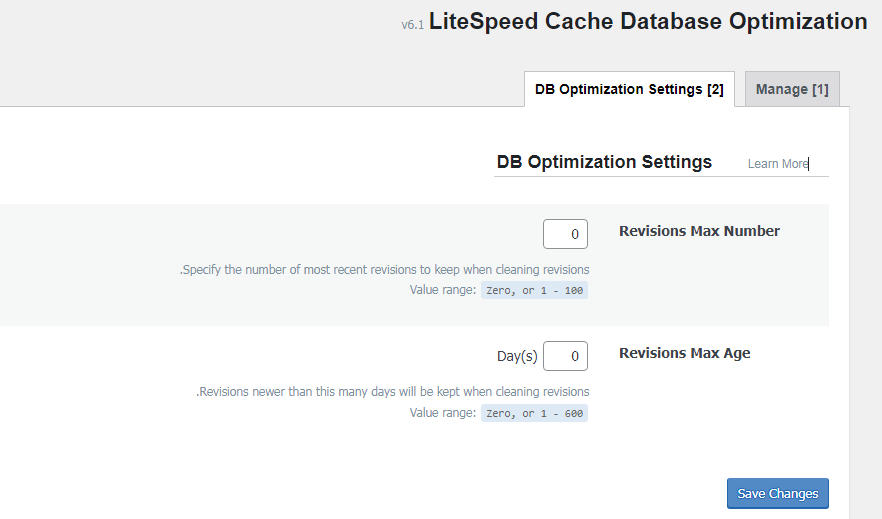 DB Optimization Settings في إضافة litespeed cache