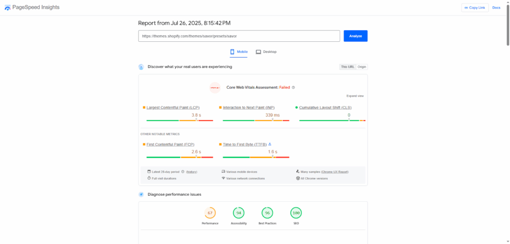 اختبار القالب عبر أداة Google Page Speed insights