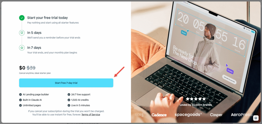 التجربة المجانية لتطبيق Instant AI Page Builder