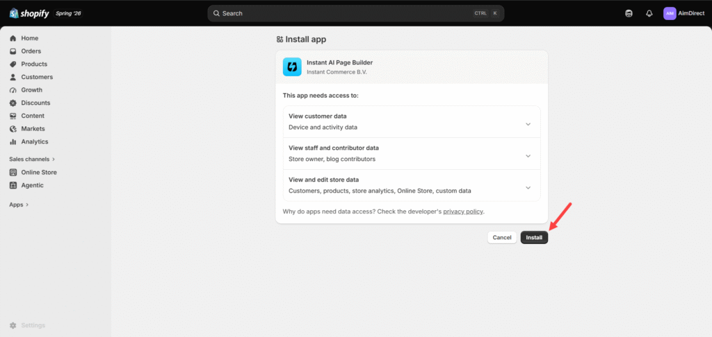 تثبيت تطبيق Instant AI Page Builder على شوبيفاي