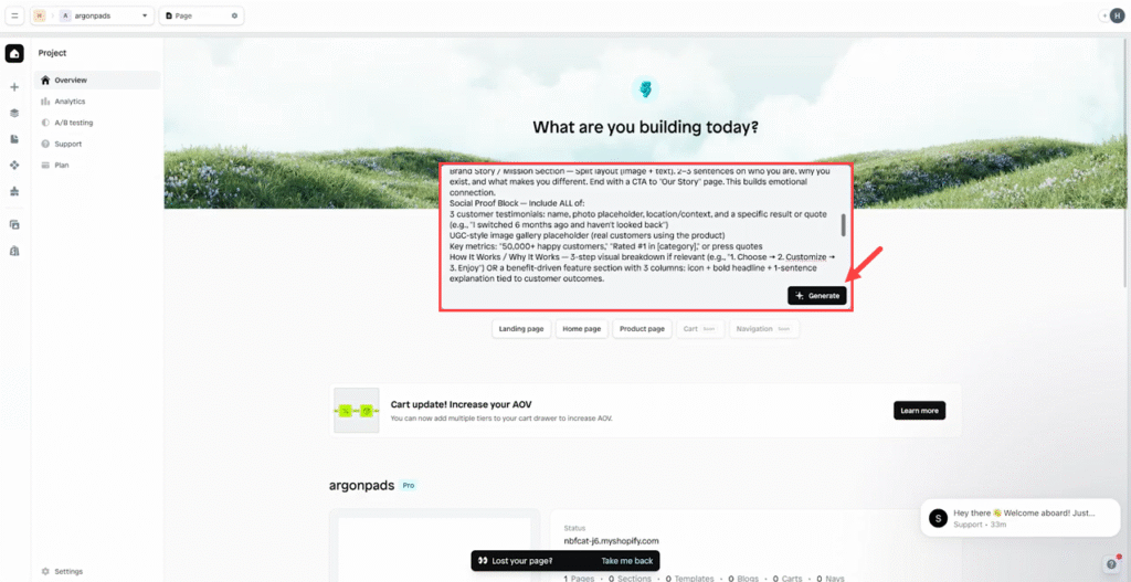 كتابة وصف (Prompt) على تطبيق Instant AI Page Builder