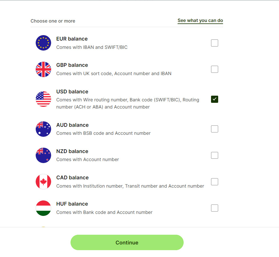  اختيار عملة الحساب البنكي المطلوب على بوابة الدفع Wise