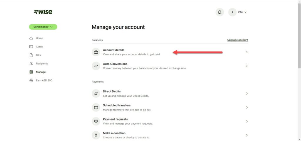  الدخول إلى إعدادات Account Details على بوابة الدفع Wise