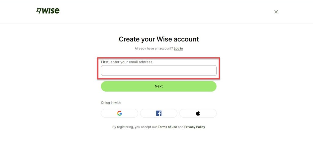 كتابة البريد الإلكتروني لبدء التسجيل في بوابة الدفع وايز Wise 