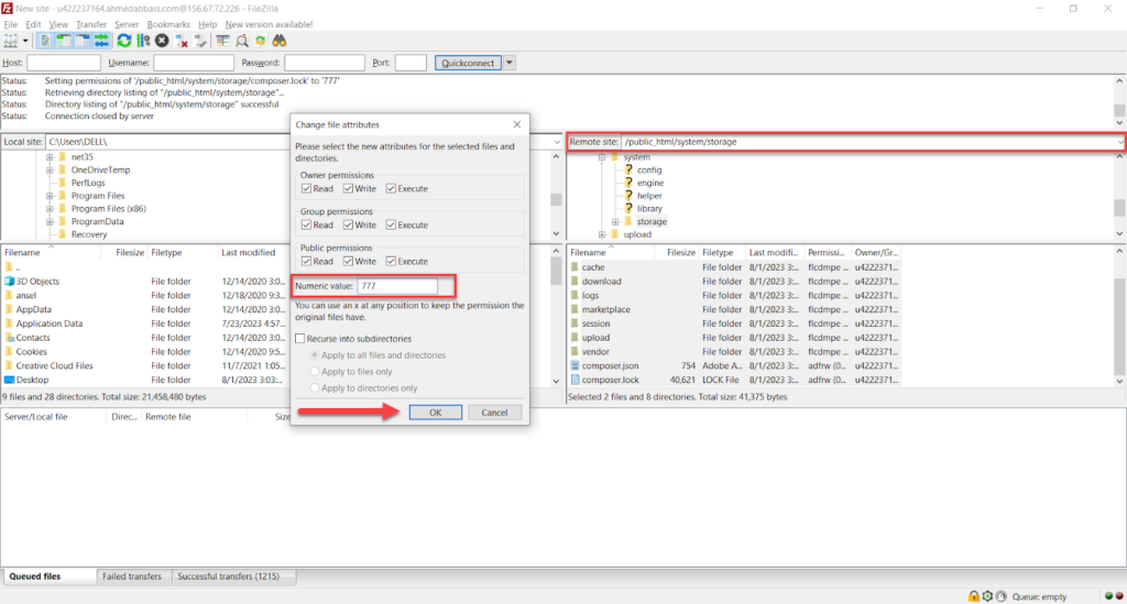 تعديل تصريح ملفات التخزين على الخادم بواسطة برنامج Filezilla 