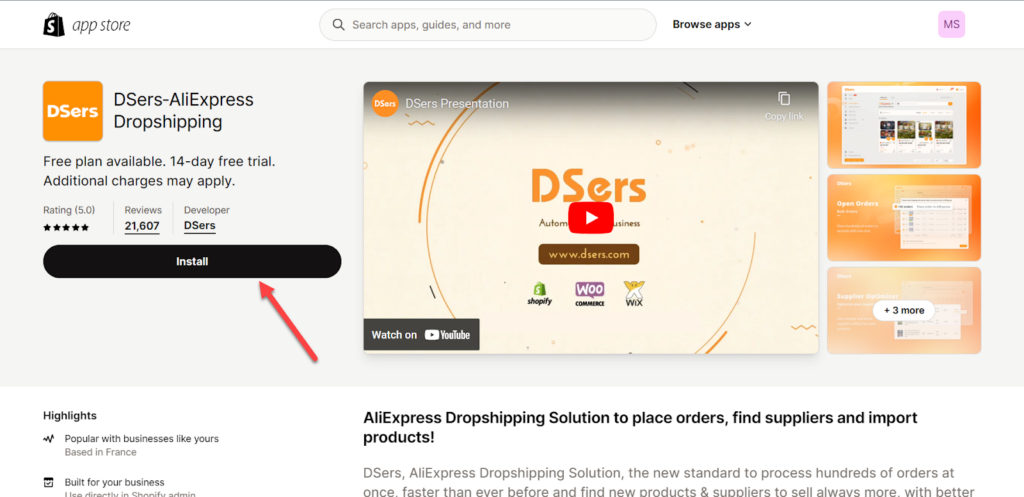 تثبيت تطبيق DSers على متجرك الإلكتروني على منصة شوبيفاي